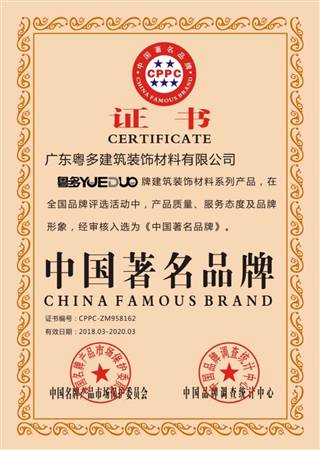 中國著名品牌證書